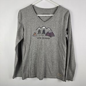 Life Is Good Heather Gray Long Sleeve V-NeckTee Winter Campscape Size M